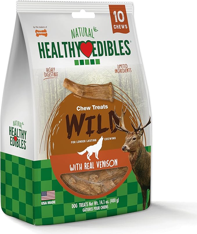 Nylabone Healthy Edibles WILD Antler Natural Long Lasting Venison Flavor Dog Chew Treats Antler Medium/Wolf (10 Count), -