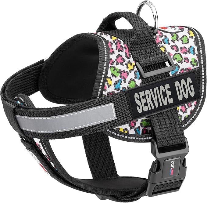 Dogline Unimax Dog Harness Vest with Service Dog Patch Reflective No-Pull, Adjustable Straps, Breathable Neoprene for Medical, Service, Identification, Training Dogs Girth 15 to 19" Leopard Multicolor