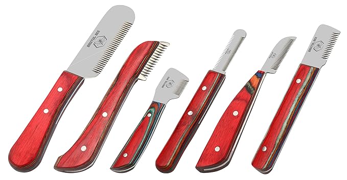 Brutul Bee Dog Grooming Coat Stripping Knife Stripper Trimmer Tool Wooded Handle Stripping Knives Set of 6 in Stainless Steel Non-Slip Tools for Grooming Dogs (Multi)