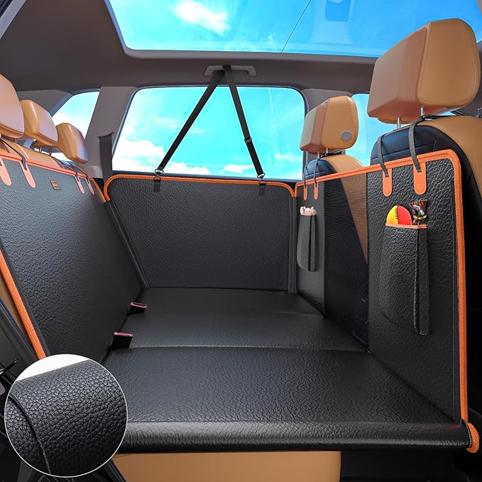 Back Seat Extender for Dogs, Dog Car Seat Cover for Back Seat Hard Bottom Holds 400LBS, Backseat Dog Cover Bed PU Leather-Waterproof Anti-Scratch, Dog Hammock for Car SUV Protector with Dog Seat Belt