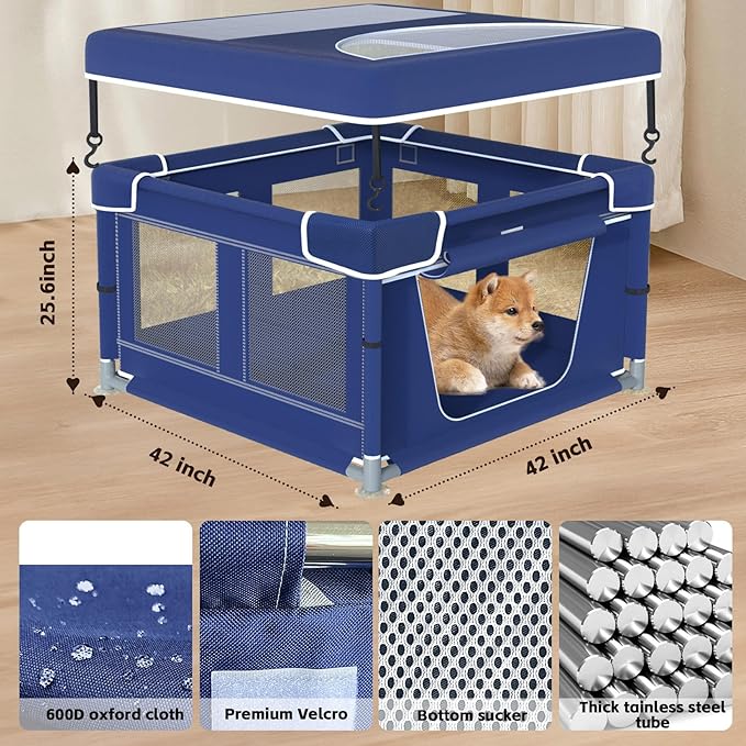 Dog Playpen 42 × 42 Inch, Puppy PlayPen with Gate for Puppies, Cat, Small and Medium Dogs, Pet PlayPen with Roof for Outdoors & Indoors, Thickened Fabric, Safe & Sturdy Dog Fence