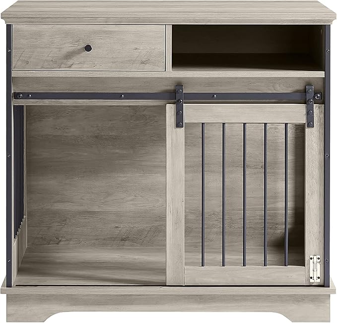 Dog Crate Furniture, Dog Crate Table with Sliding Barn Door, 35" Dog Kennel Furniture Heavy Duty Wood Crates for Small/Medium/Large Dogs Kennel Indoor Grey One Size