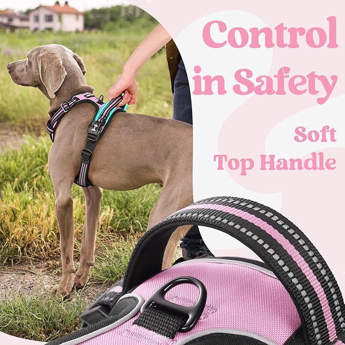 rabbitgoo Dog Harness Medium Sized, No Pull Pet Harness with 3 Buckles, Adjustable Soft Padded Dog Vest with Instant Control Handle, Easy Walking Reflective Pet Vest for Medium Dogs, Pink, M