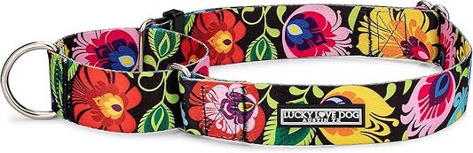 Lucky Love Dog Wide Martingale Dog Collar - No-Slip, Durable, & Soft Webbing 1.5 inch Martingale Collar for Dogs Male and Female - Ideal for Training & Walking, Stylish Blackbird Pattern, Large Size