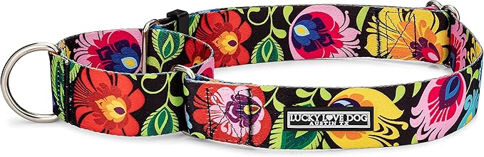 Lucky Love Dog Wide Martingale Dog Collar - No-Slip, Durable, & Soft Webbing 1.5 inch Martingale Collar for Dogs Male and Female - Ideal for Training & Walking, Stylish Blackbird Pattern, X-Large Size
