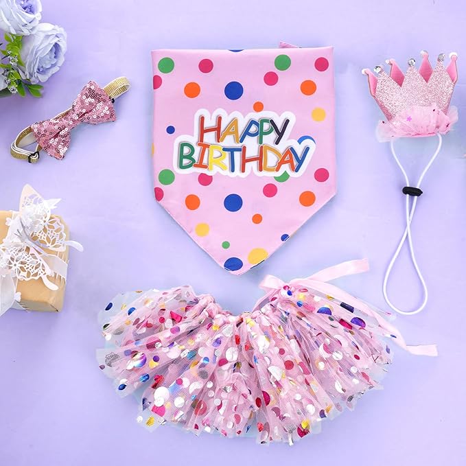 hoyuwak Dog Birthday Party Supplies Girl Dog Birthday Bandana Tutu Set Cute Hat Bow Tie Set for Large Medium Small Dogs