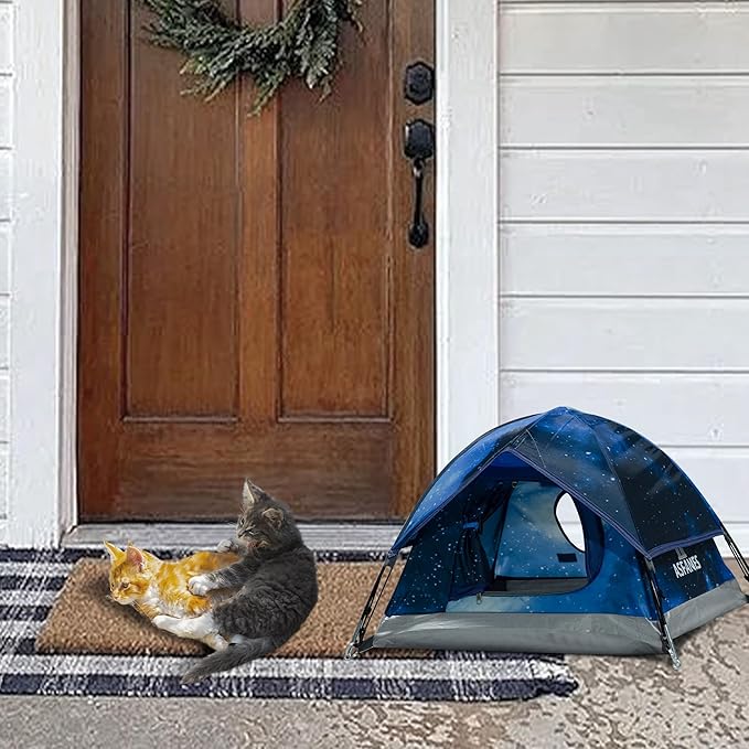 Outdoor Waterproof Pet Camping Tent, Cave Bed for Indoor Cats and Small Dogs, Portable Cat House Dog House, 29.5x29.5x18.9'', Navy Blue, M.