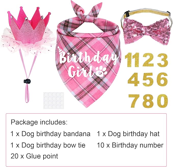 Dog Birthday Party Supplies, Multi Sizes Dog Birthday Bandana Girl Dog Birthday Hat Crown with Birthday Numbers Bow Tie for Small Dogs Pets (Pink, Small)