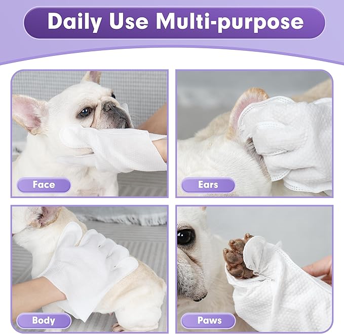 cyeollo Pet Cleaning Wipes for Dogs Fur & Butt, Dog Dry Grooming Bath Glove Wipes for Deodorizing, Lick Safe Cats Cleaning Wipes, Wash Free, 18PCS