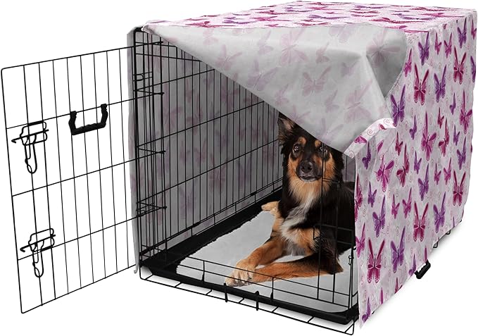 Ambesonne Purple Dog Crate Cover, Abstract Butterflies on Floral Background Feminine Romance Illustration, Easy to Use Pet Kennel Cover for Cats & Medium Dogs, 24 Inch, Maroon Purple Pale Pink