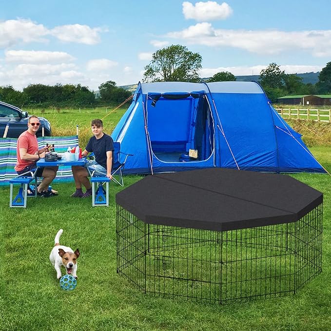 Dog Pen Pet Playpen Dog Fence Indoor Foldable Metal Wire Exercise Puppy Play Yard Pet Enclosure Indoor Outdoor 8 Panels 24 Inch with Bottom Pad/Top Cover (Black with Bottom pad)