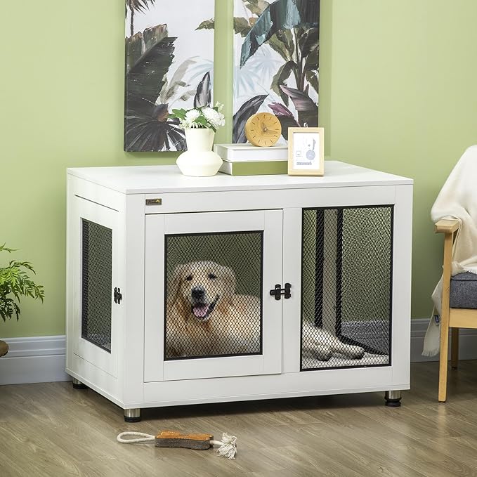 PawHut Dog Crate Furniture, 37" Dog Kennel Furniture with Water-Resistant Cushion, Double Doors for Large Dogs, Dog Crate End Table for Indoor Use, White