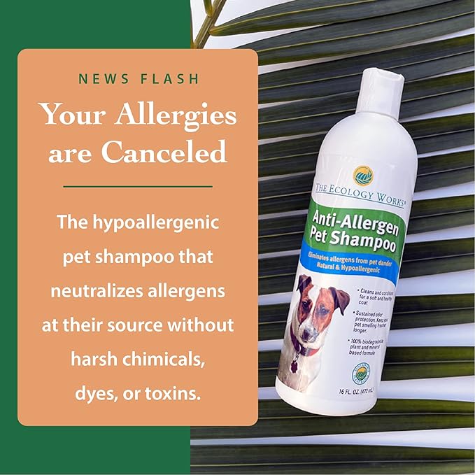 Anti-Allergen Pet Shampoo -Dog & Cat Dander Remover. Gentle Formula for Dry Sensitive Skin; Allergy Relief, The Ecology Works (16 Oz)