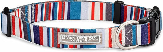 Lucky Love Dog, Nautical Dog Collar, Polka Dot Blue Red White Striped Collar for Male Female Dogs, Adjustable & Comfy - (Large, Linus Collar)