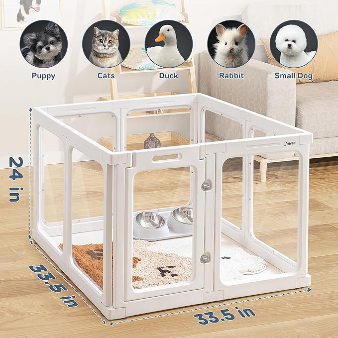 Clear Dog Playpen Indoor, 24" Acrylic Plastic Pet Play Pen with Door, Playpen for Puppy Cat Rabbit Ferret, Easy to Install Preferable Playpen for Small Dogs, Customizable, White 8 PCS