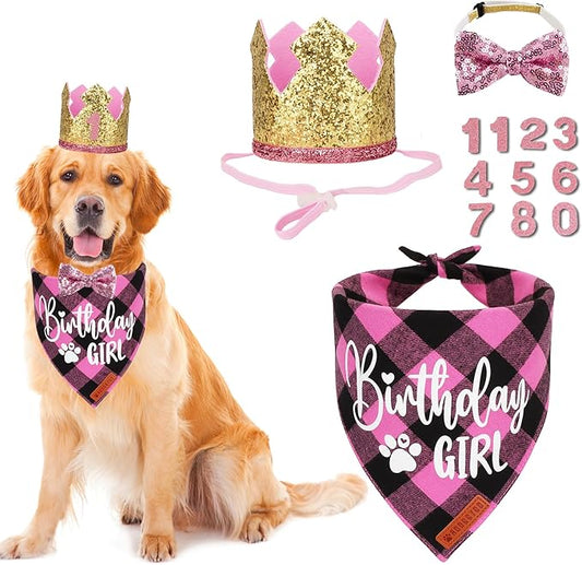 ADOGGYGO Dog Birthday Party Supplies, Pink Plaid Birthday Girl Dog Bandana, Golden Pet Party Hat with Numbers, Bowtie for Extra Large Pets (X-Large)