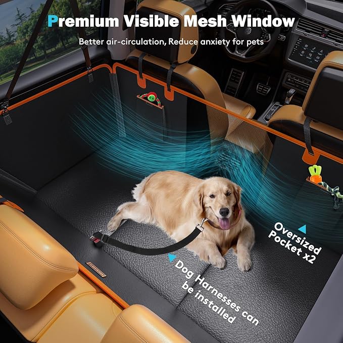Back Seat Extender for Dogs, Dog Car Seat Cover for Back Seat Hard Bottom Holds 400LBS, Backseat Dog Cover Bed PU Leather-Waterproof Anti-Scratch, Dog Hammock for Car SUV Protector with Dog Seat Belt