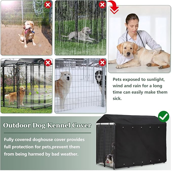 Classic Black Outdoor Dog Kennel Cover 8'Dx4'Wx6'H Full Coverage Windproof Anti-UV.Waterproof Dog Kennel Cover for Multiple Brands of Dog Kennels,Cover Only,Classic Black.(Patent Pending)