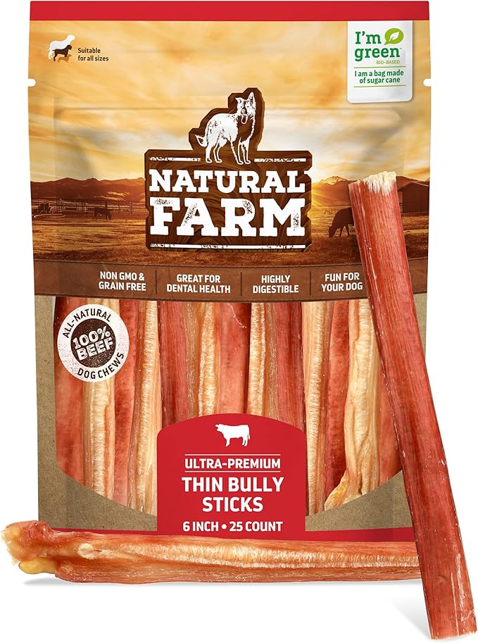 Natural Farm Thin Bully Sticks (6 Inch, 25 Pack), Natural Dog Dental Treats, Grain-Free, Preservative-Free, Low-Fat, & Fully Digestible - Best for Small, Senior or Light Chewers