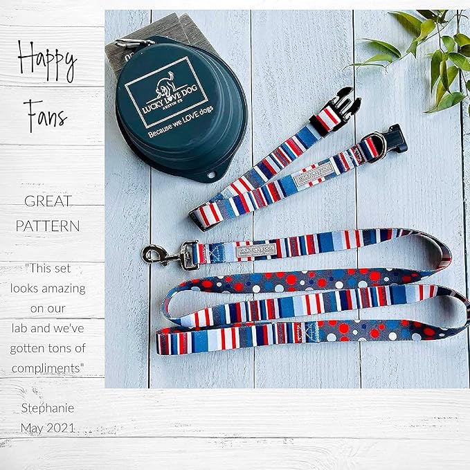 Lucky Love Dog, Nautical Matching Dog Collar and Leash Set, Polka Dot Striped Dog Collar and Leash for Male Female Dogs - (Large, Linus Combo)