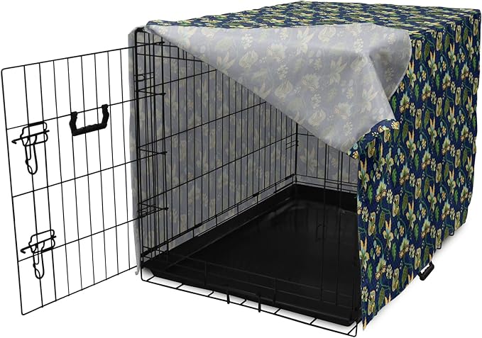 Lunarable Jacobean Dog Crate Cover, Triangles with Floral Pattern Stalks Leaves Flowers Whimsical Nature, Easy to Use Pet Kennel Cover for Medium Large Dogs, 48 Inch, Dark Blue Green Mustard