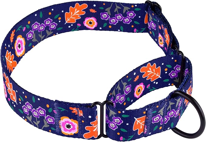 CollarDirect Martingale Collars for Dogs Heavy Duty Floral Pattern Female Safety Nylon Training Wide Collar Flower Design Large Medium (L, Neck Size 15"-20", Navy Blue)