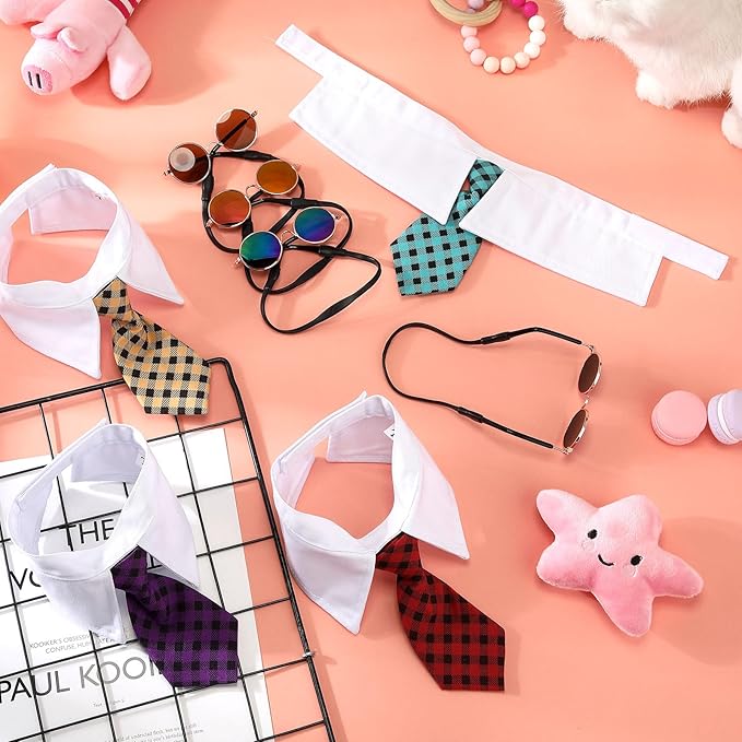 Weewooday 8 Pcs Pet Dog Cat Costume Cat Tie Collar Glasses for Small Dog Round Metal Retro Sunglasses Tie Pet Costume Tuxedo Necktie Collar Puppy Accessories Halloween Cosplay Party(Elegant Colors)