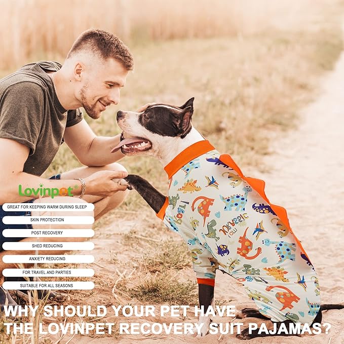 LovinPet Dog Pajamas Large Sized Dog, Recovery Wear, Lightweight Jurassic Knit, UV for Large Dogs/XL