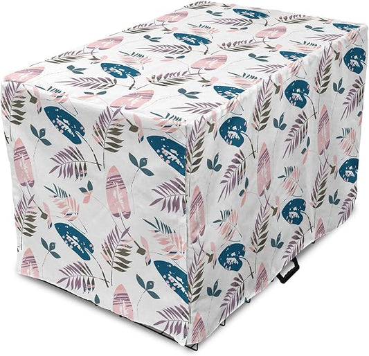 Ambesonne Leaves Dog Crate Cover, Abstract Foliage in Pastel Colors Tropical Jungle Forest Plants with Grunge Effect, Easy to Use Pet Kennel Cover for Medium Large Dogs, 30 Inch, Petrol Blue Baby Pink