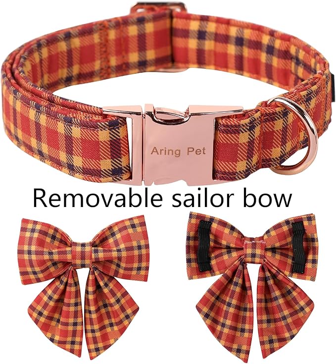 ARING PET Fall Dog Collar-Cotton Halloween Plaid Dog Collar with Bowtie, Adjustable Orange Halloween Dog Collars Pet Necklace with Metal Buckle for Girl&Boy Dogs