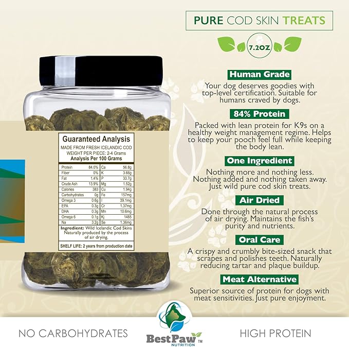 Best Paw Nutrition Organic Raised Wild Fish Treats Icelandic Pure Cod Skins or Lobster & Kelp Reward Protein Snacks Rich in EPA & DHA K9 Brain Heart Skin & Coat Health
