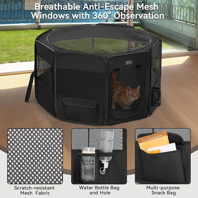 PETSFIT Portable Dog Playpen, 29" Dia Puppy Playpen with Zipper Removable Mesh Top Cover and Leakproof Playpen Bottom Mat-Cat Playpen Indoor/Outdoor for Cats,Dogs&Small Animals