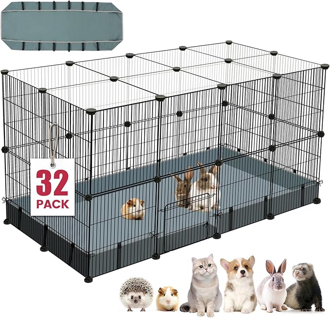 32 Panels Small Animal Playpen,Pet Playpen with Waterproof Mat,C&C Cage for Guinea Pigs, Play Pen for Rabbit and Chicken,Bunny Pen