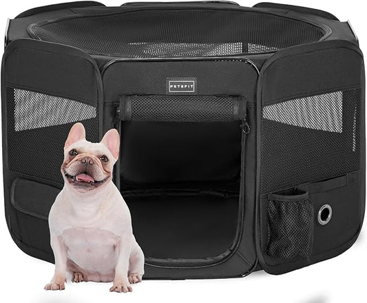 PETSFIT Portable Dog Playpen, 29" Dia Puppy Playpen with Zipper Removable Mesh Top Cover and Leakproof Playpen Bottom Mat-Cat Playpen Indoor/Outdoor for Cats,Dogs&Small Animals