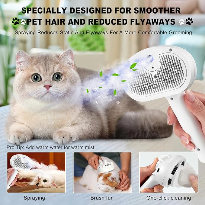 Cat Steam Brush with Mist Spray, Self-Cleaning Grooming Tool for Dogs & Cats, Rechargeable, Anti-Static, Removes Shedding, Mats & Tangles, Perfect for Short & Long Haired Pets – 4 PCS Set