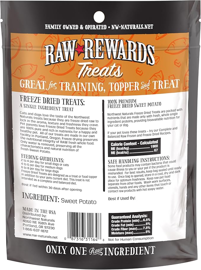 Northwest Naturals Raw Rewards Freeze-Dried Sweet Potato Treats for Dogs and Cats - Bite-Sized Pieces - Healthy, 1 Ingredient, Human Grade Pet Food, All Natural - 2 Oz