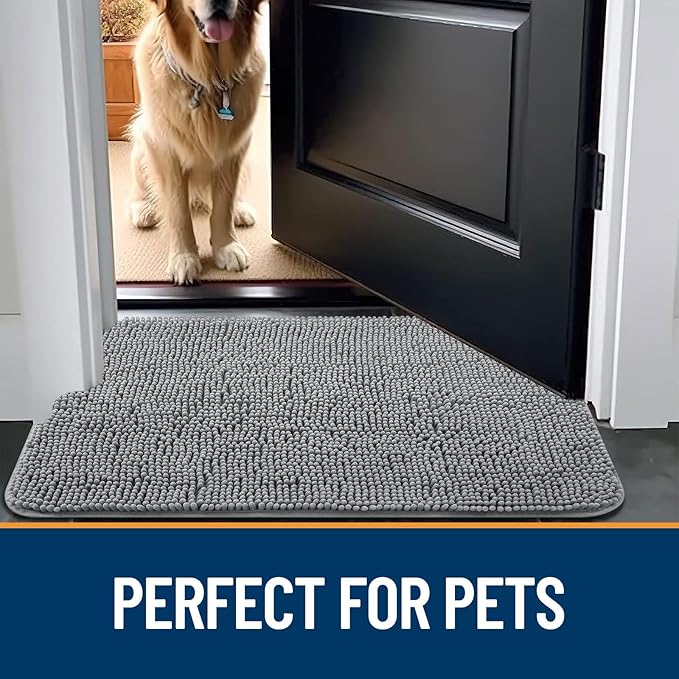 OLANLY Dog Door Mat for Muddy Paws 47x32, Absorbs Moisture and Dirt, Absorbent Non-Slip Washable Mat, Quick Dry Chenille, Mud Mat for Dogs, Entry Indoor Door Mat for Inside Floor, Grey