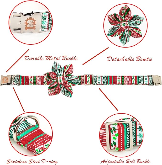 MR. CHUBBYFACE Christmas Plaid Flower Dog Collar for Boy Girl Dogs Adjustable Red Green Dog Collar with Flower for Small Medium Large Dogs