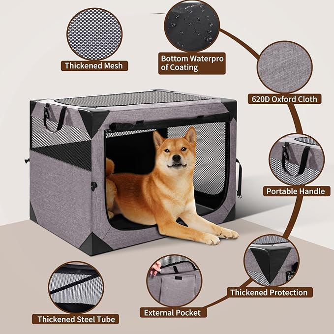 Dog Crate,36x25x25 Inch Large Dog Crate for Large or Medium Dogs, Portable and Foldable Design of Dog Cage, Perfect for Travel or Home Use, Dog Kennel with 3-Door and Durable Mesh Windows, Light Grey