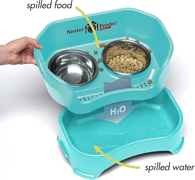 Neater Feeder Deluxe Mess Proof Dog Bowls Elevated for Small Breed – Made in USA – No Spill Raised Dog Food Bowl Stand – Stainless Steel Food and Water Bowl Set, Pet Feeding Station, Aquamarine