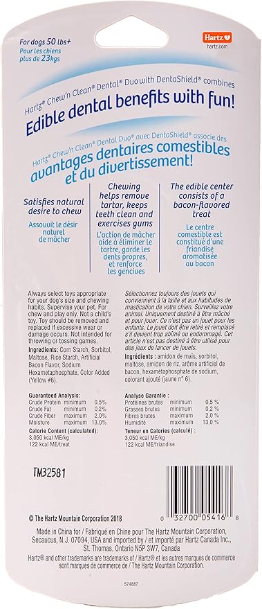 Hartz Chew 'n Clean Dental Duo Bacon Flavored Dental Dog Chew Toy and Treat - Large, Colors may vary