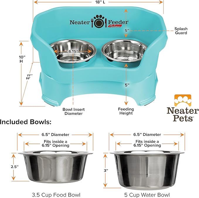 Neater Feeder Deluxe Mess Proof Dog Bowls Elevated Medium Sized Dog Breed – Made in USA – No Spill Raised Dog Food Bowl Stand – Stainless Steel Food and Water Bowl Set, Pet Feeding Station, Aquamarine