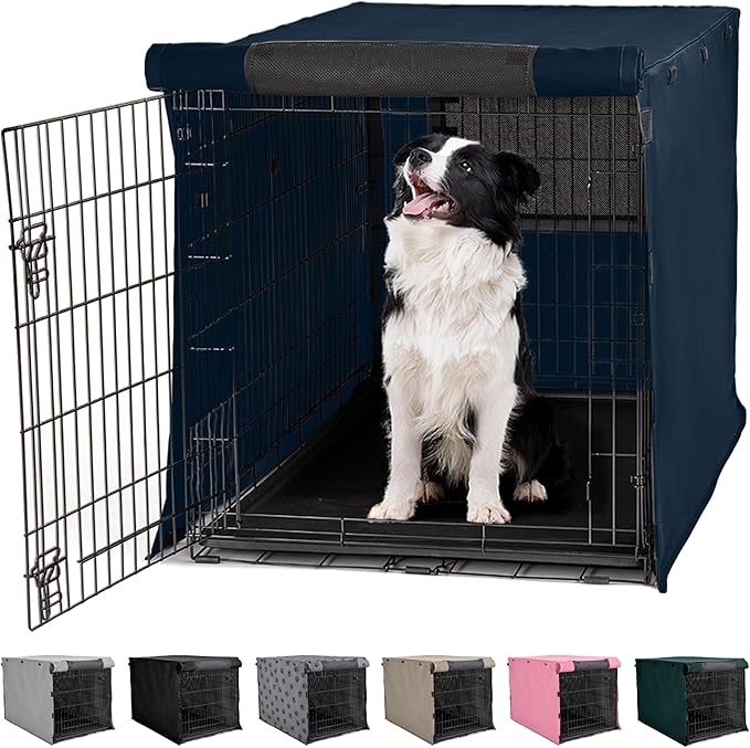 GORILLA GRIP Dog Crate Covers Compatible with Amazon Basics Dog Crates, All Sides Open, Privacy Cover Fits 36" Wire Kennel, Breathable Mesh Windows, Light Reducing Puppy Training Cage Topper, Navy