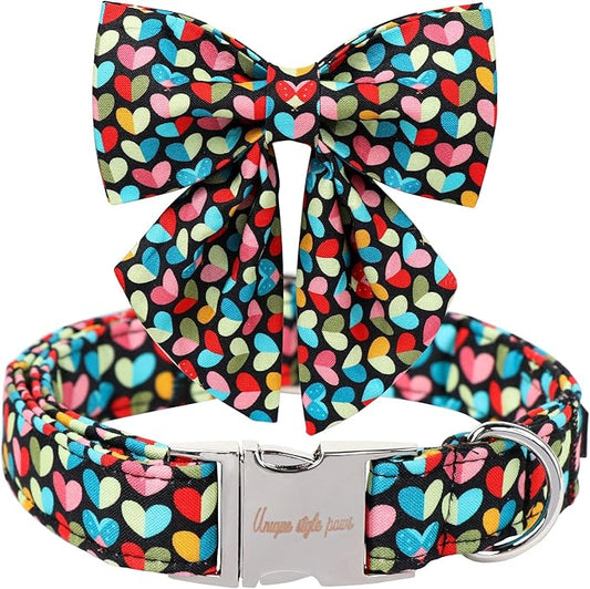 Unique Style Paws Valentine's Day Dog Collar with Bow Colorful Heart Love Dog Collars for Small Medium Large Dog New (S, Heart Bowtie)