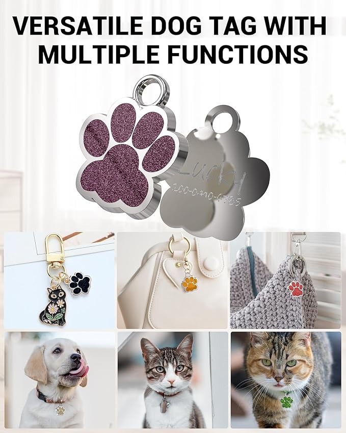 72 Pcs Dog Tags Personalized for Pets Glitter Paw Print Stainless Steel Dog Tag Cute Dog Name Tag Bulk Dog Tags Cat Tags for Wholesale （12 Colors）