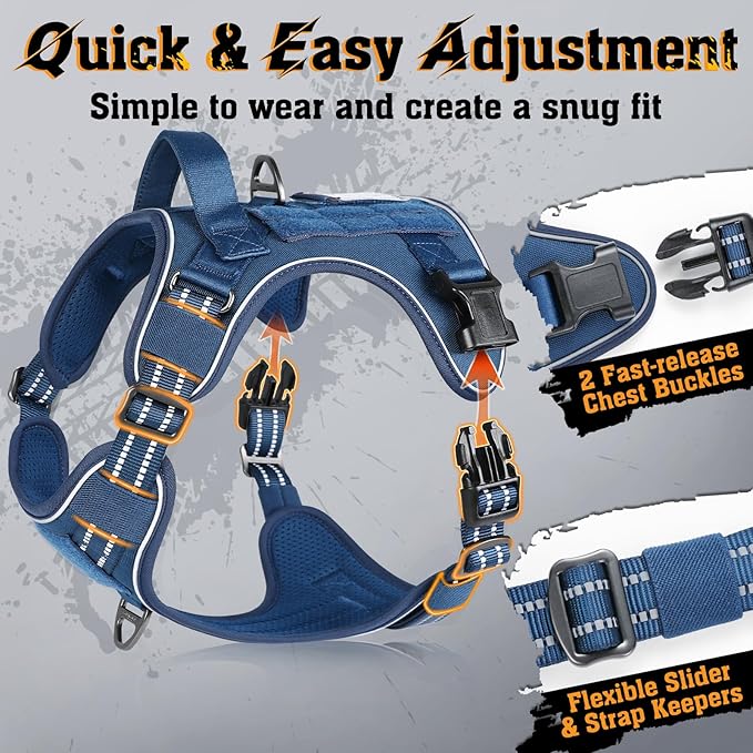 rabbitgoo Dog Harness for Large Dogs No Pull, Tactical Service Dog Vest with Molle and Control Handle, Adjustable and Reflective Military Pet Harness for Easy Walking and Training, Blue, XL