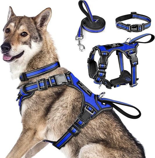 WINSEE Pet Harness Collar and Leash Set, All-in-one Reflective Dog Harness No Pull with Adjustable Buckles for Puppies, Small, Medium, Large, and Extra-Large Dogs (X-Large, Dark Blue)