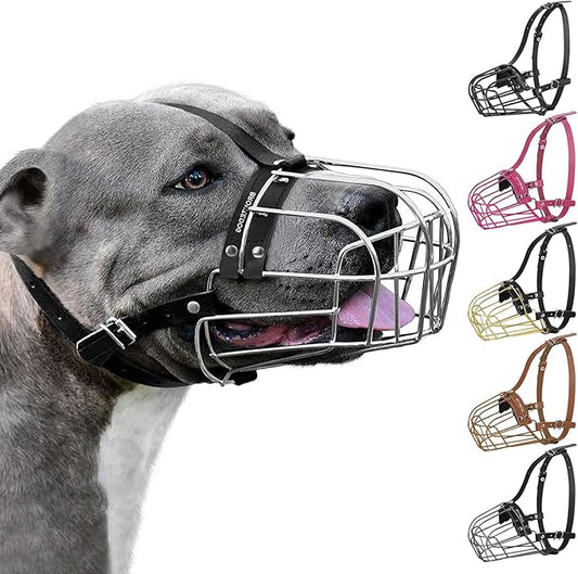 BRONZEDOG Pitbull Dog Muzzle Metal Mask Amstaff Wire Basket Pit Bull Adjustable Leather Straps for Large Dogs (Steel)