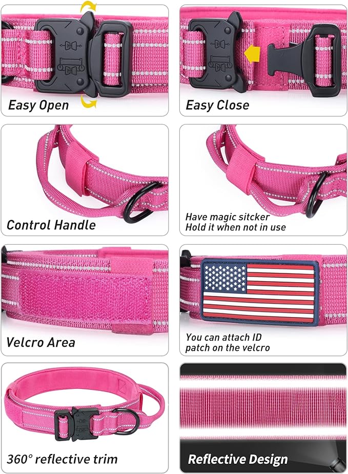 AUBELL Reflective Dog Collar, Tactical Dog Collar Adjustable Military Nylon Collars with Handle and Heavy Duty Metal Buckle for Medium Large Dogs, with 2 Patches and Airtag Case Holder (Pink, XL)