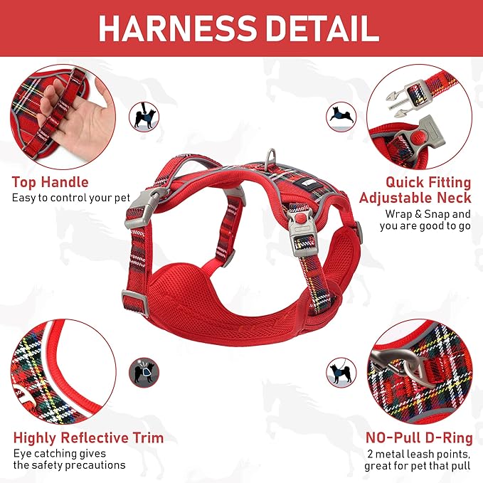 GAMUDA Dog Harness Collar and Leash Set, Dog Harness, No Chock No Pull Adjustable Vest Harnesses Plaid Reflective for Medium Dog, Cat, Small Horse, Small Bull and Pig (Red, XS)